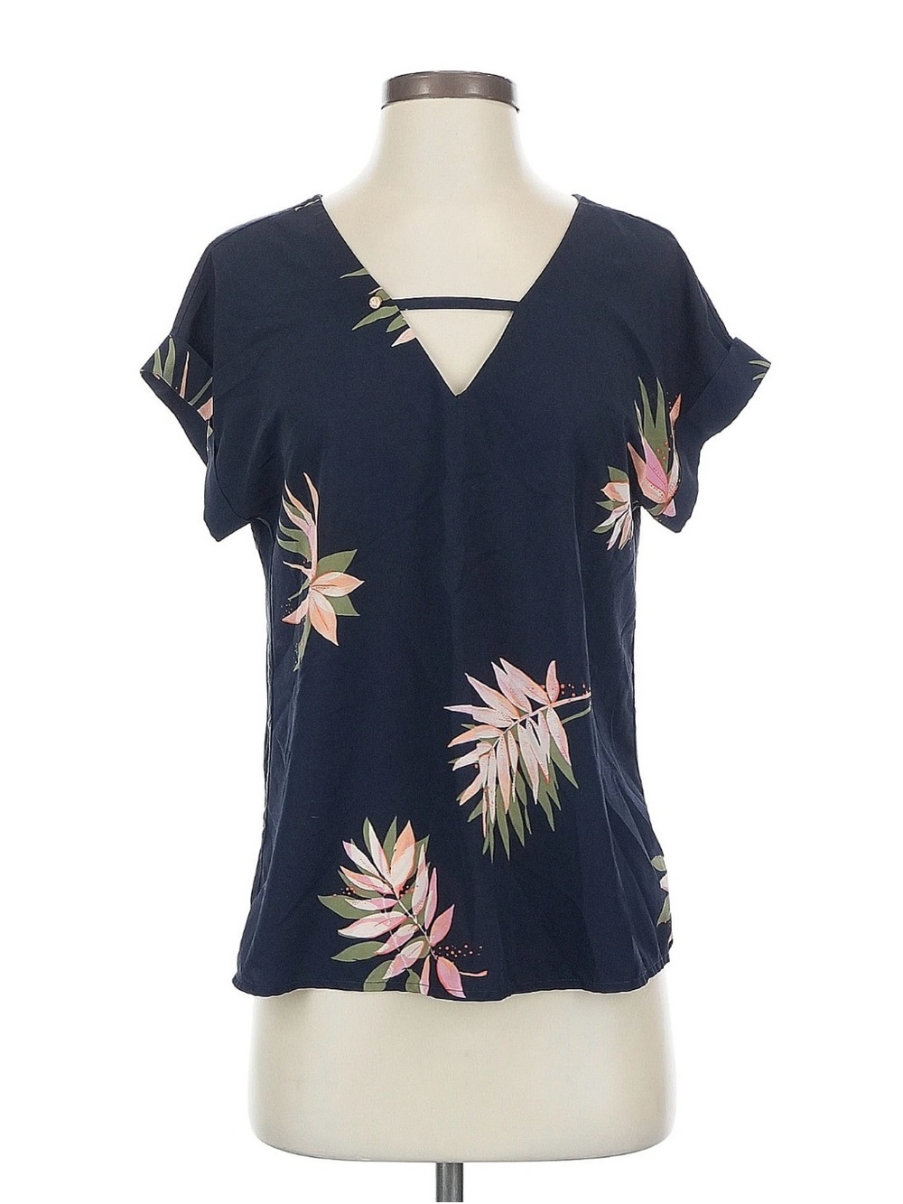 Women's Navy Floral V-Neck Short Sleeve Top
